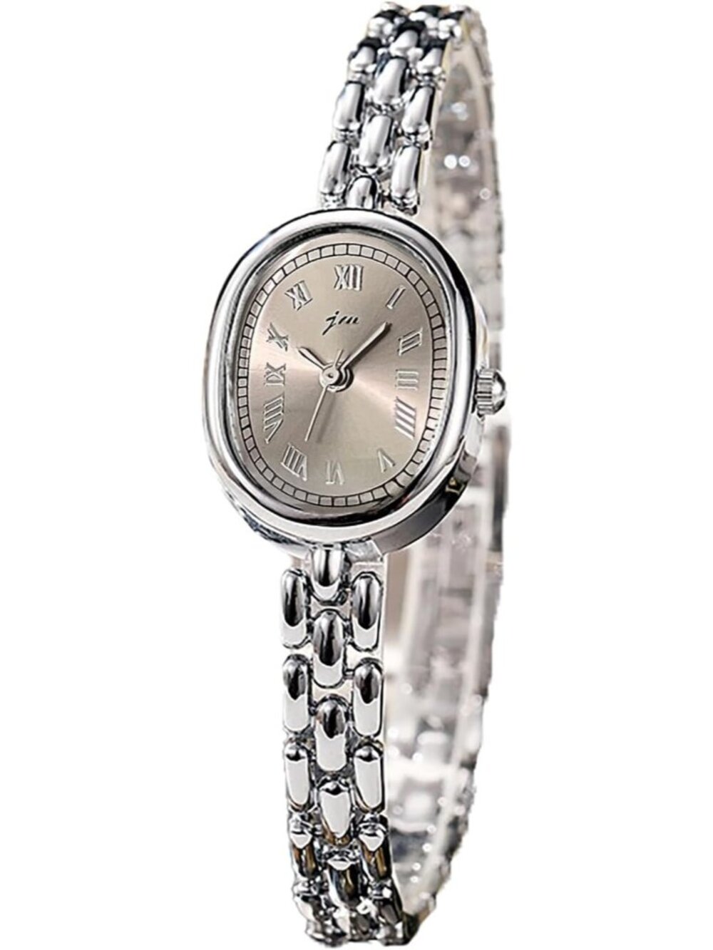Women’s Silver Grey Oval Bracelet Small Face Roman Numeral Quartz Buckle Watch